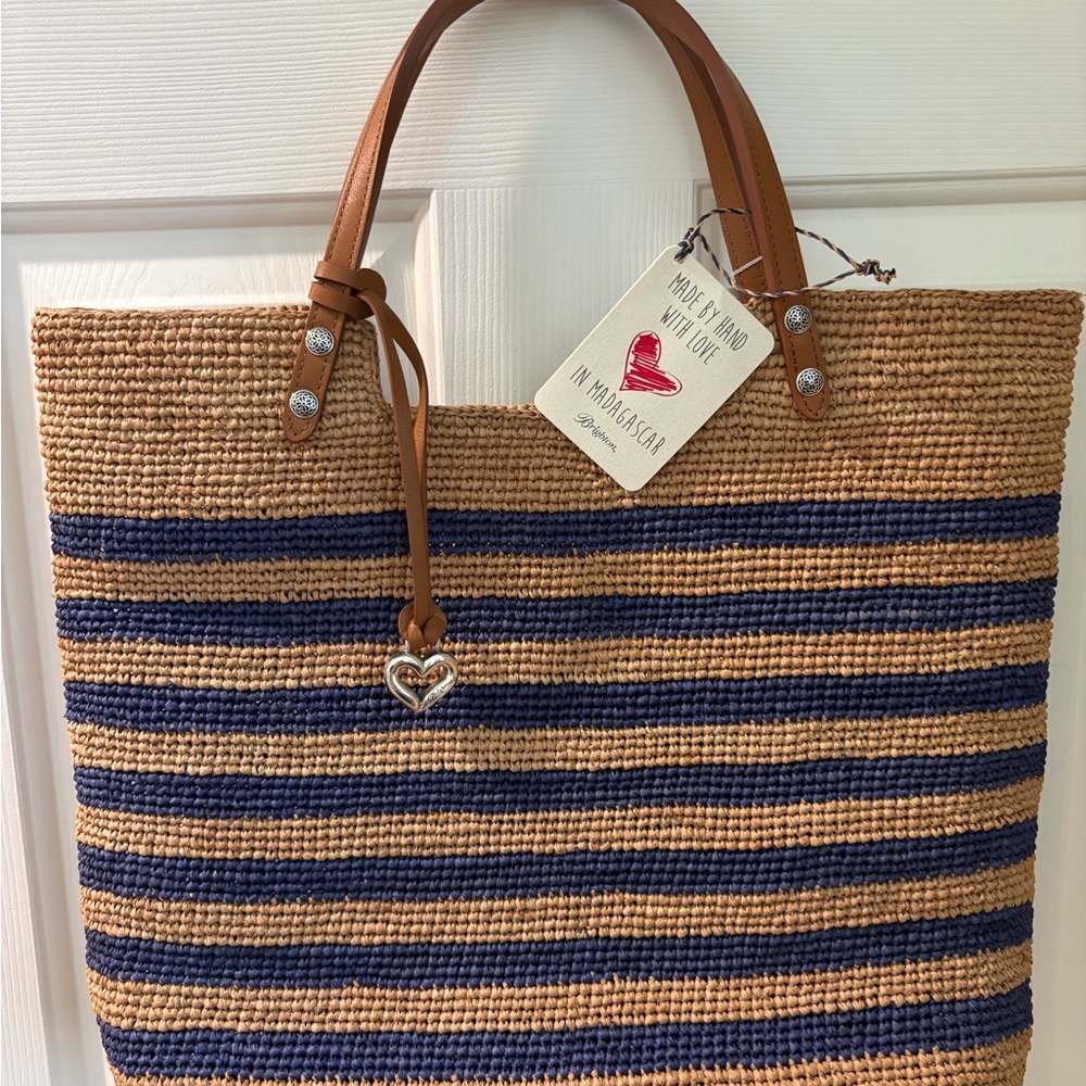 Brighton Tan and Blue Nautical Tote Bag with Leather Handles